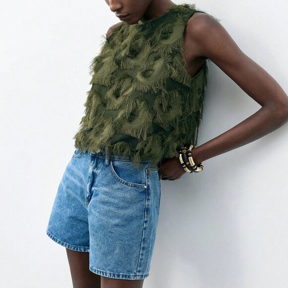 Army Green Bohemian Women's Jacquard Fabric Peplum Camisole - Picture 7 of 7